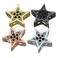 Kubisk Zirconia Micro Pave Messing Perler, Stjerne, forgyldt, flerhullet & Micro Pave cubic zirconia, flere farver til valg, 10x9.50x4mm, Hole:Ca. 2mm, 20pc'er/Lot, Solgt af Lot