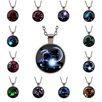 Zinc Alloy Sweater Necklace with iron chain & Glass Flat Round plumbum black color plated Zodiac symbols jewelry & time gem jewelry & Unisex & oval chain & decal lead & cadmium free mm Length Approx 27.5 Inch Sold By Bag