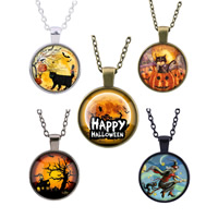 Halloween Necklace Zinc Alloy with iron chain & Glass Flat Round plated time gem jewelry & Unisex & Halloween Jewelry Gift & oval chain & with letter pattern & decal lead & cadmium free 25mm Length Approx 27.5 Inch Sold By Bag