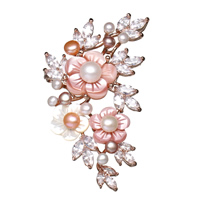 Freshwater Pearl Brooch, Brass, with cardboard box & Pink Shell & White Shell & Freshwater Pearl, Flower, rose gold color plated, for woman & with cubic zirconia, nickel, lead & cadmium free, 72x44x15mm, 70x82.5x35mm, Sold By PC