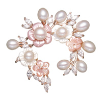 Freshwater Pearl Brooch Brass with cardboard box & Pink Shell & White Shell & Freshwater Pearl Flower rose gold color plated for woman & with cubic zirconia nickel lead & cadmium free  Sold By PC