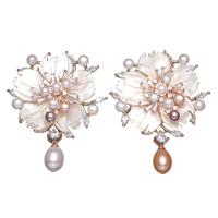Freshwater Pearl Brooch, Brass, with cardboard box & White Shell & Freshwater Pearl, Flower, rose gold color plated, for woman & with cubic zirconia, more colors for choice, nickel, lead & cadmium free, 46x56x11mm, 70x82.5x35mm, Sold By PC