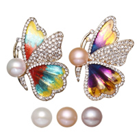 Freshwater Pearl Brooch, Brass, with cardboard box & Freshwater Pearl, Butterfly, gold color plated, for woman & enamel & with rhinestone, more colors for choice, nickel, lead & cadmium free, 31x50x12mm, 70x82.5x35mm, Sold By PC