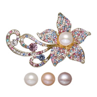 Freshwater Pearl Brooch Brass with cardboard box & Freshwater Pearl Flower gold color plated for woman & with rhinestone nickel lead & cadmium free  Sold By PC