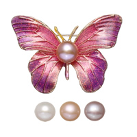 Freshwater Pearl Brooch Brass with cardboard box & Freshwater Pearl Butterfly gold color plated for woman & enamel & colorful powder nickel lead & cadmium free  Sold By PC