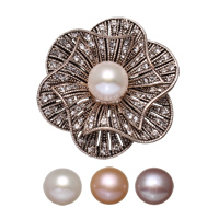 Freshwater Pearl Brooch Brass with cardboard box & Freshwater Pearl Flower antique silver color plated for woman & with rhinestone nickel lead & cadmium free  Sold By PC