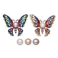 Freshwater Pearl Brooch, Brass, with cardboard box & Freshwater Pearl, Butterfly, gold color plated, for woman & enamel & with rhinestone, more colors for choice, nickel, lead & cadmium free, 52x48x10mm, 70x82.5x35mm, Sold By PC