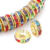 Brass Spacer Beads Donut gold color plated with rhinestone 8mm Approx 2mm Sold By Bag