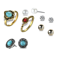 Crystal Jewelry Sets finger ring & earring Zinc Alloy with ABS Plastic Pearl & Turquoise & Crystal stainless steel post pin plated faceted lead & cadmium free 7mm-14mm US Ring Sold By Set
