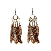 Fashion Feather Earring Zinc Alloy with Feather brass earring hook antique brass color plated Bohemian style & for woman nickel lead & cadmium free Sold By Pair