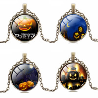 Halloween Necklace Zinc Alloy with iron chain & Glass Flat Round antique bronze color plated time gem jewelry & Halloween Jewelry Gift & oval chain & for woman lead & cadmium free 25mm Sold Per Approx 21.5 Inch Strand
