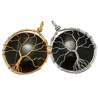 Tree Of Life Pendants Brass with Obsidian Flat Round plated Approx Sold By PC