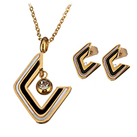 Shell Jewelry Sets earring & necklace Stainless Steel with White Shell & Resin gold color plated oval chain & for woman & with rhinestone 1mm Length Approx 18 Inch Sold By Set