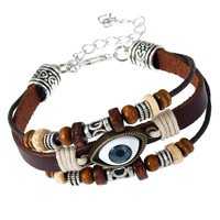 Unisex Bracelet Zinc Alloy evil eye with Waxed Linen Cord & PU Leather & Wood with 7.5 extender chain plated & Sold By Strand