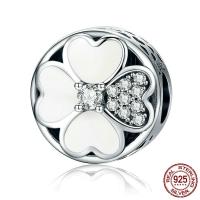 Thailand Sterling Silver European Bead Four Leaf Clover micro pave cubic zirconia & without troll & enamel Approx 4.5mm Sold By PC