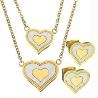 Shell Jewelry Sets earring & necklace Stainless Steel with White Shell with 2Inch extender chain Heart gold color plated oval chain & for woman & 1.5mm Length Approx 16 Inch Sold By Lot