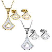 Shell Jewelry Sets earring & necklace Stainless Steel with White Shell with 2Inch extender chain plated oval chain & for woman 1.5mm Length Approx 17 Inch Sold By Lot