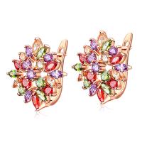Brass Leverback Earring Flower real rose gold plated micro pave cubic zirconia & for woman nickel lead & cadmium free 22mm Sold By Pair