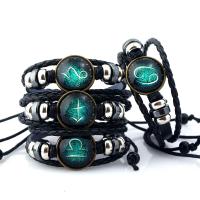 Unisex Bracelet PU Leather with Linen & Non Magnetic Hematite & Wood & Copper Coated Plastic & Zinc Alloy plated Zodiac symbols jewelry & adjustable &  nickel lead & cadmium free Sold Per Approx 6.6 Inch Strand