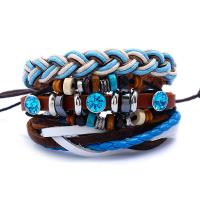PU Leather Bracelet Set with Linen & Non Magnetic Hematite & Wood & Zinc Alloy plated braided bracelet & Unisex & adjustable & with rhinestone nickel lead & cadmium free Length Approx 6.8 Inch Sold By Set