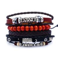 PU Leather Bracelet Set with Linen & Non Magnetic Hematite & Wood & Zinc Alloy plated Unisex & adjustable nickel lead & cadmium free Length Approx 6.8-8.8 Inch Sold By Set