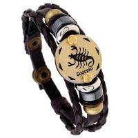 Unisex Bracelet Cowhide with PU Leather & Non Magnetic Hematite & Wood & Zinc Alloy Flat Round plated Zodiac symbols jewelry & adjustable &  nickel lead & cadmium free 6mm Sold Per Approx 8.6 Inch Strand