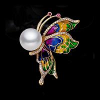 Freshwater Pearl Brooch Brass Butterfly real gold plated & micro pave cubic zirconia & for woman & enamel nickel lead & cadmium free Sold By PC