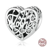 Thailand Sterling Silver European Bead, Heart, with letter pattern & micro pave cubic zirconia & without troll & hollow, 10x10x8mm, Hole:Approx 4.5mm, Sold By PC