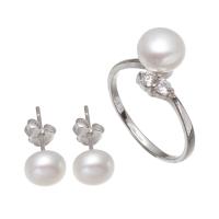 Gamtos Kultūringas gėlavandenių perlų Papuošalų komplektai, piršto žiedą & auskaras, Gėlo vandens perlų, su Žalvarinis, Mygtukas, platinos spalva padengtas, su kubinių Zirconia, baltas, 7-8mm, Dydis:8, Pardavė nustatyti