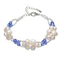 Sötvatten odlade Pearl Bracelet, Freshwater Pearl, med Kristall & Glass Seed Beads, platina pläterad, för kvinna, 5-6mm, Såld Per Ca 7.5 inch Strand