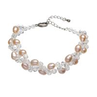 Sötvatten odlade Pearl Bracelet, Freshwater Pearl, med Kristall, Ris, platina pläterad, för kvinna, rosa, 5-6mm, Såld Per Ca 7.5 inch Strand