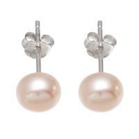 Boucles d'oreilles en perles d'eau douce, perle d'eau douce cultivée, avec laiton, bouton, Placage de couleur platine, pour femme, rose, 6-7mm, Vendu par paire