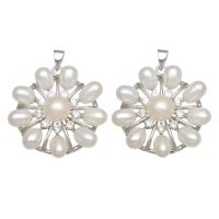 Freshwater Pearl Pendants with Brass Flower platinum color plated for woman & with rhinestone white Sold By PC