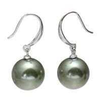 South Sea Shell Earring with Brass Round platinum color plated for woman green Sold By Pair