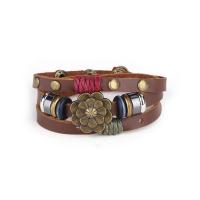 Leather Cord Bracelet with Waxed Linen Cord & Wood & Zinc Alloy Flower Unisex & adjustable &  58mm Sold Per Approx 10.5 Inch Strand