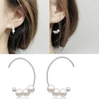 Messing oorringen, met Plastic Pearl, geplatineerd, voor vrouw, nikkel, lood en cadmium vrij, 25mm, 6mm, Verkocht door pair