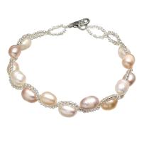 Sötvatten odlade Pearl Bracelet, Freshwater Pearl, med Glass Seed Beads, zinklegering Karbinlås, Ris, för kvinna, 6-7mm, Såld Per Ca 6.5 inch Strand