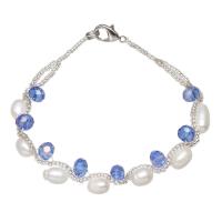 Sötvatten odlade Pearl Bracelet, Freshwater Pearl, med Kristall & Glass Seed Beads, Ris, för kvinna & fasetterad, vit, 6-8mmuff0c5x6mm, Såld Per Ca 7 inch Strand