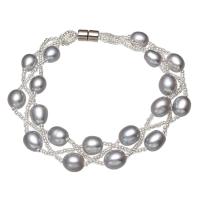 Sötvatten odlade Pearl Bracelet, Freshwater Pearl, med Glass Seed Beads, Ris, för kvinna, grå, 7-8mm, Såld Per Ca 7.5 inch Strand