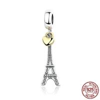 Thailand Sterling Silver European hängande, Eiffeltornet, plated, för kvinna & utan troll & två ton, 8x32mm, Hål:Ca 4.5-5mm, Säljs av PC