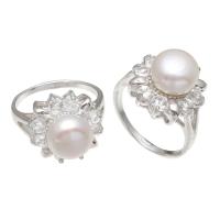 Freshwater Pearl Finger Ring Brass with Freshwater Pearl platinum color plated for woman & with rhinestone white nickel lead & cadmium free 9-10mm US Ring Sold By PC