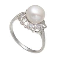 Édesvízi gyöngy Finger Ring, Sárgaréz, -val Édesvízi gyöngy, platina színű bevont, a nő & strasszos, fehér, nikkel, ólom és kadmium mentes, 8-9mm, Méret:6.5, Által értékesített PC