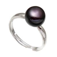 Sárgaréz Nyílt Finger Ring, -val Édesvízi gyöngy, platina színű bevont, a nő, fekete, nikkel, ólom és kadmium mentes, 10-11mm, Méret:8-10, Által értékesített PC