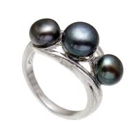 Édesvízi gyöngy Finger Ring, Sárgaréz, -val Édesvízi gyöngy, platina színű bevont, a nő, fekete, nikkel, ólom és kadmium mentes, 21x26x10mm, Méret:5.5-8, Által értékesített PC