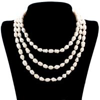 Sötvatten Pearl tröja kedja halsband, Freshwater Pearl, med Zink Alloy, för kvinna & 3-slagen, vit, 7-10mm, Såld Per Ca 51.5 inch Strand