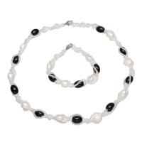 Natural Cultured Freshwater Pearl Jewelry Sets bracelet & necklace with Glass Seed Beads & Zinc Alloy stainless steel post pin with 5cm extender chain for woman 7-8mm Length Approx 17 Inch Approx 7.5 Inch Sold By Set