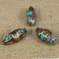 Indonesien Beads, med Syntetisk Turkis & Messing, Oval, Om Mani Padme Hum, 30x13mm, Hole:Ca. 1-2mm, 10pc'er/Bag, Solgt af Bag