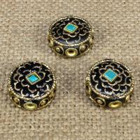 Indonesia Beads with Turquoise & Brass Flat Round 16mm Approx 1-2mm Sold By Bag