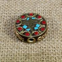 Indonesia Beads, with Turquoise & Brass, Flat Round, 21mm, Hole:Approx 1-2mm, 10PCs/Bag, Sold By Bag