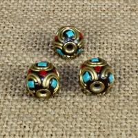 Perles d'Indonésie, Indonésie, avec turquoise synthétique & laiton, Rond, 10x10mm, Trou:Environ 1-2mm, 10PC/sac, Vendu par sac